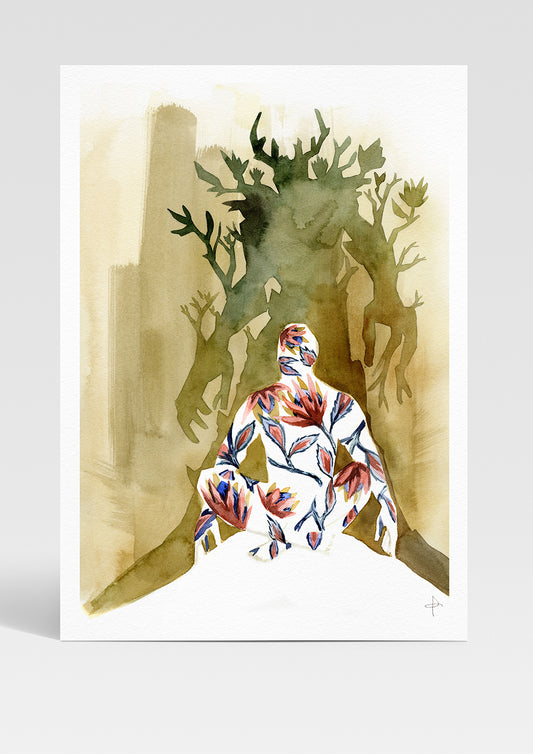 Artistic depiction of a person with floral patterns standing in front of a tree silhouette.