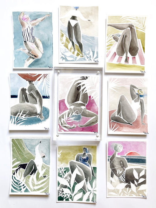 9 Watercolour Cards Paintings "Les baigneuses "