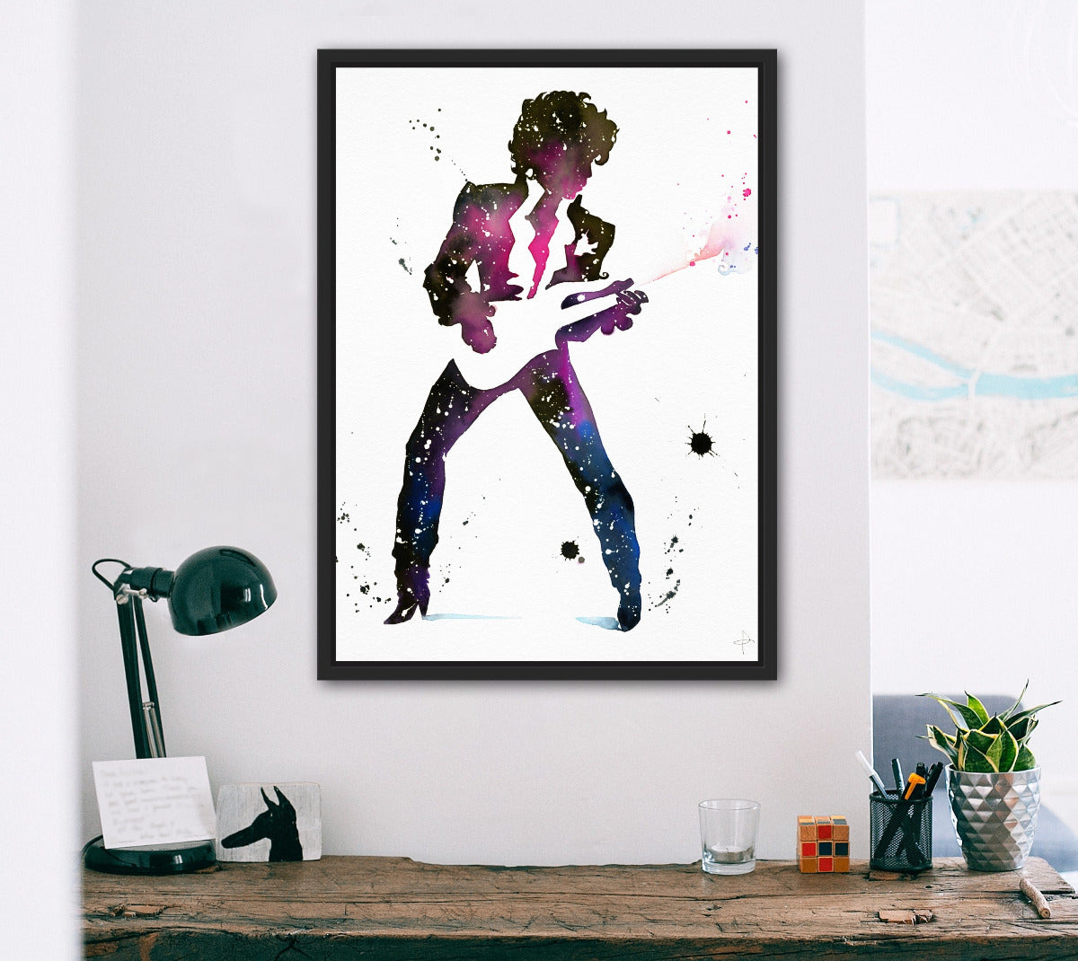 framed artwork, Prince playing guitar