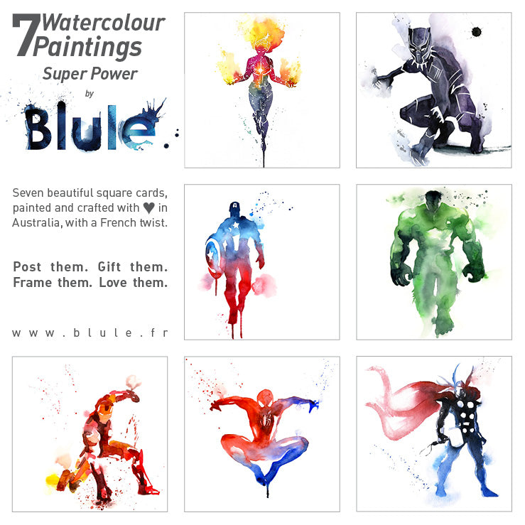 7 Watercolour Cards Paintings "Super Power"